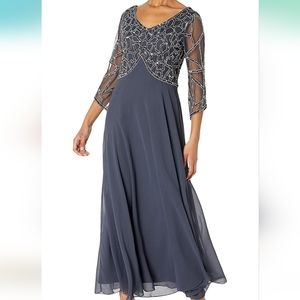 J Kara Women's 3/4 Sleeve V-Neck Geometrical Beaded Long Dress NWT